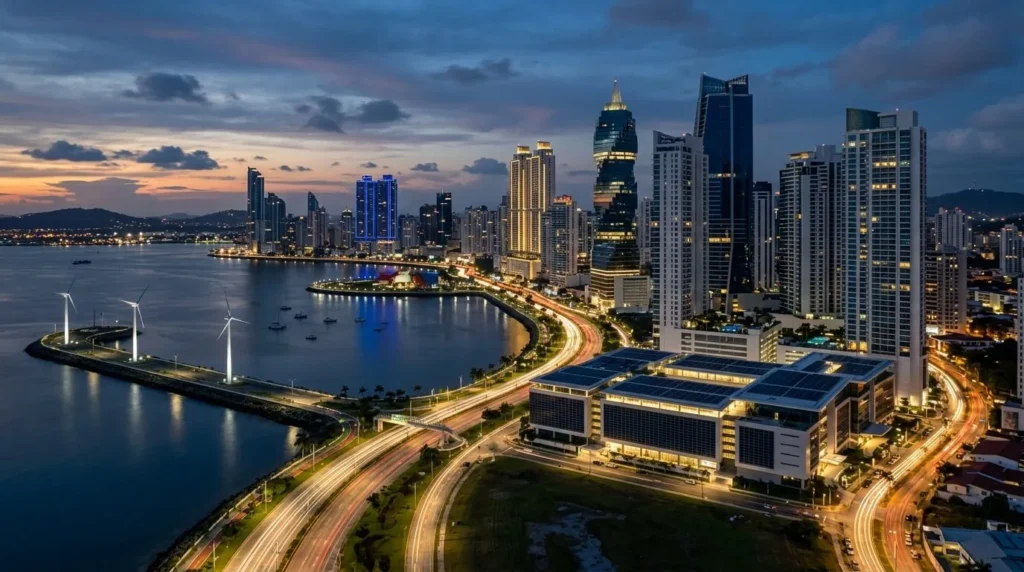 Fotografía panorámica 16:9 del skyline moderno de la Ciudad de Panamá al anochecer, con iluminación dorada y azul corporativo, senderos de luz en las carreteras y arquitectura que destaca la energía limpia.