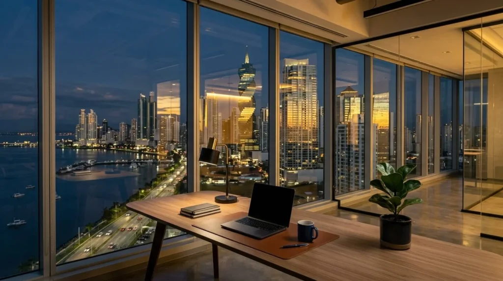 Vista arquitectónica minimalista del horizonte financiero de Ciudad de Panamá al anochecer a través de ventanas de vidrio modernas, con tonos dorados cálidos reflejándose en estructuras corporativas azul marino y un interior de oficina elegante.