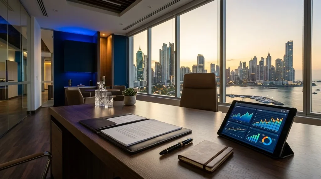 Escritorio ejecutivo moderno con documentos legales, pluma y tablet mostrando gráficos financieros, con vista panorámica al skyline de Ciudad de Panamá. Tonos dorados y azules corporativos.