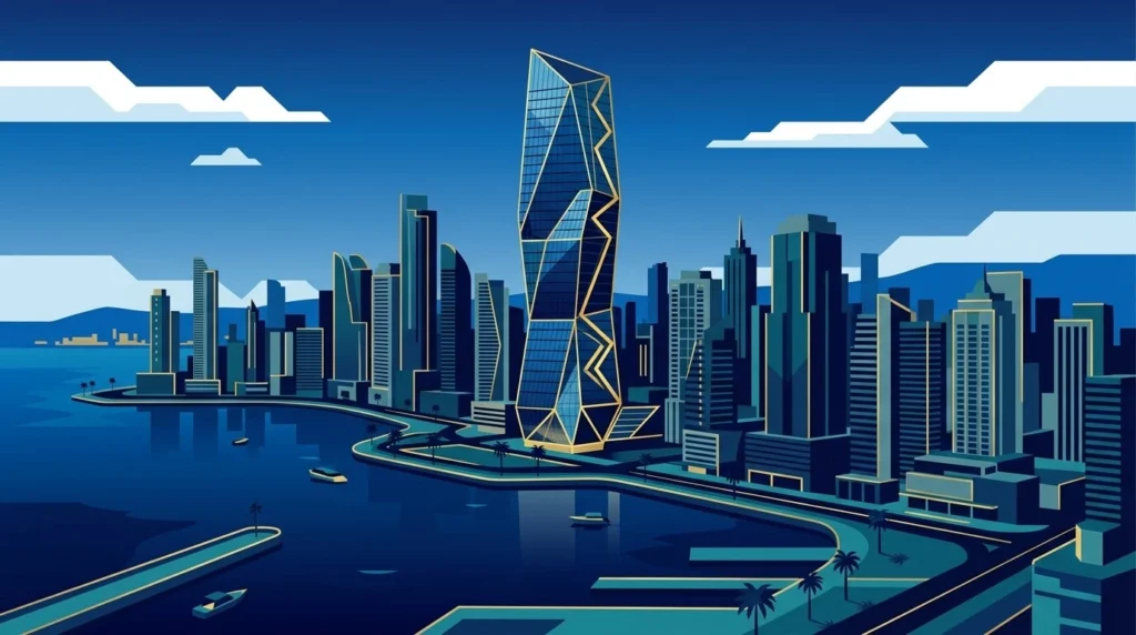 Ilustración vectorial plana de una torre de oficinas moderna en el horizonte de la Ciudad de Panamá, con acentos geométricos dorados y tonos azules profundos.