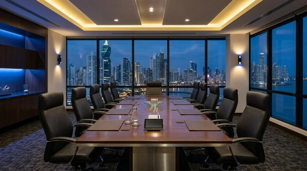Sala de juntas de oficina moderna y elegante en Ciudad de Panamá, con rascacielos visibles a través de una ventana panorámica. Iluminación en azul corporativo y dorado cálido. Estética limpia y profesional.