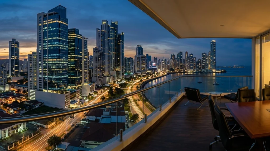 Vista moderna de los rascacielos del centro financiero de Ciudad de Panamá al anochecer, iluminados en azul corporativo profundo y luz ambiental dorada cálida.