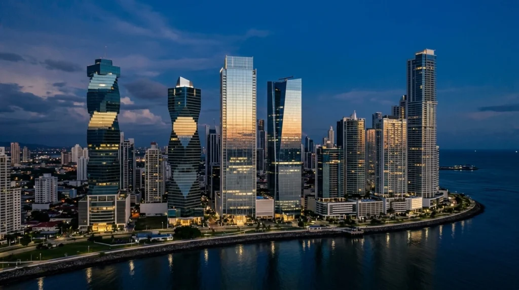 Vista panorámica de arquitectura minimalista del distrito bancario de Ciudad de Panamá al anochecer, con rascacielos de vidrio y reflejos en tonos azul marino y dorado, sin personas.