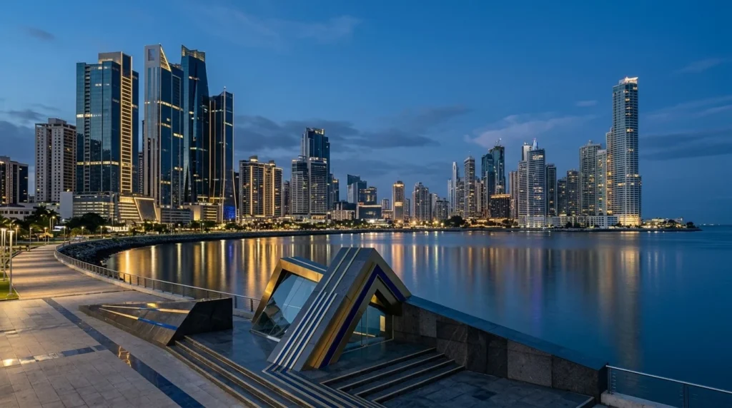 Torres corporativas modernas en Ciudad de Panamá con reflejos de iluminación dorada y azul marino, motivo de bóveda geométrica, sin rostros humanos, formato panorámico 16:9.