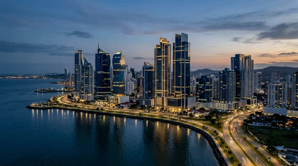 Horizonte de rascacielos corporativos modernos en Ciudad de Panamá durante el crepúsculo, con iluminación azul marino y dorada.