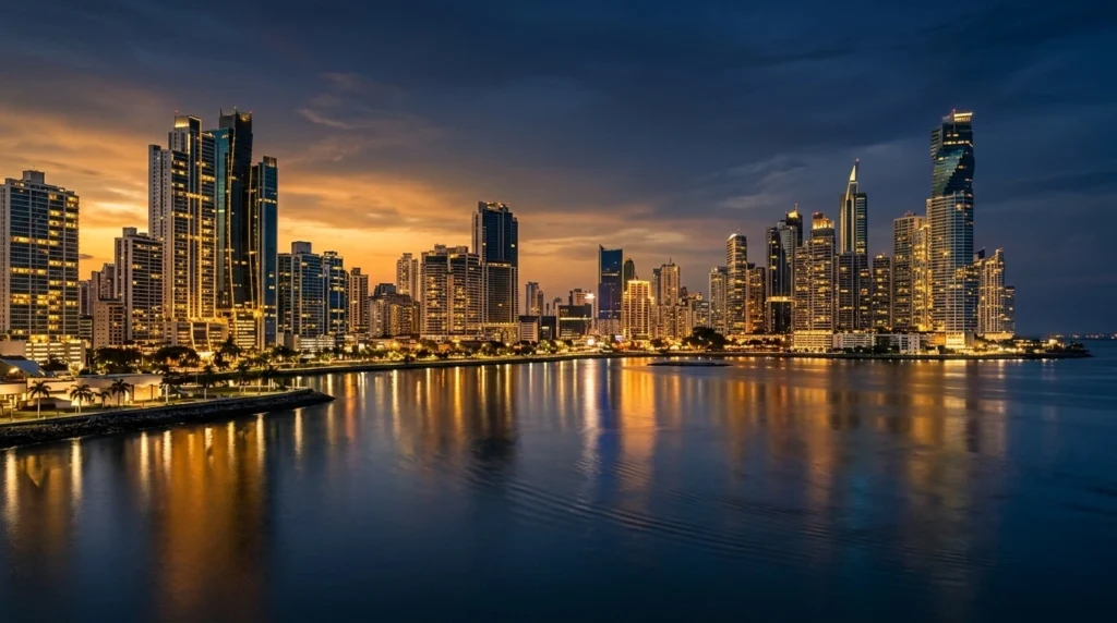 Vista panorámica del skyline financiero de Ciudad de Panamá y la bahía, con reflejos dorados al atardecer.