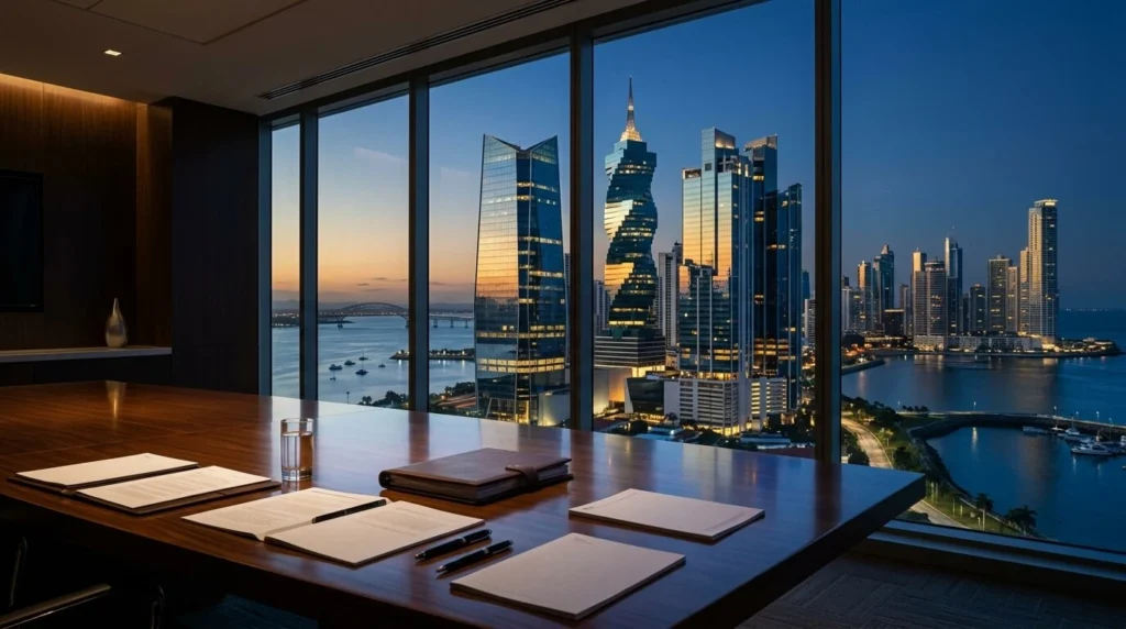 Vista arquitectónica corporativa minimalista del horizonte financiero de la Ciudad de Panamá al atardecer, con elegantes torres de oficinas de vidrio geométricas que reflejan tonos dorados cálidos y azul marino profundo, una mesa de sala de juntas pulida y limpia con documentos financieros internacionales en primer plano, iluminación cinematográfica, sin rostros humanos, pantalla ancha 16:9, optimizado para Google PageSpeed Insights con líneas nítidas y contraste equilibrado.