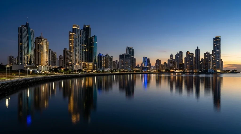 Perspectiva arquitectónica moderna del horizonte financiero de Ciudad de Panamá al anochecer, con torres geométricas de vidrio en tonos dorados y azul corporativo reflejados en el agua.